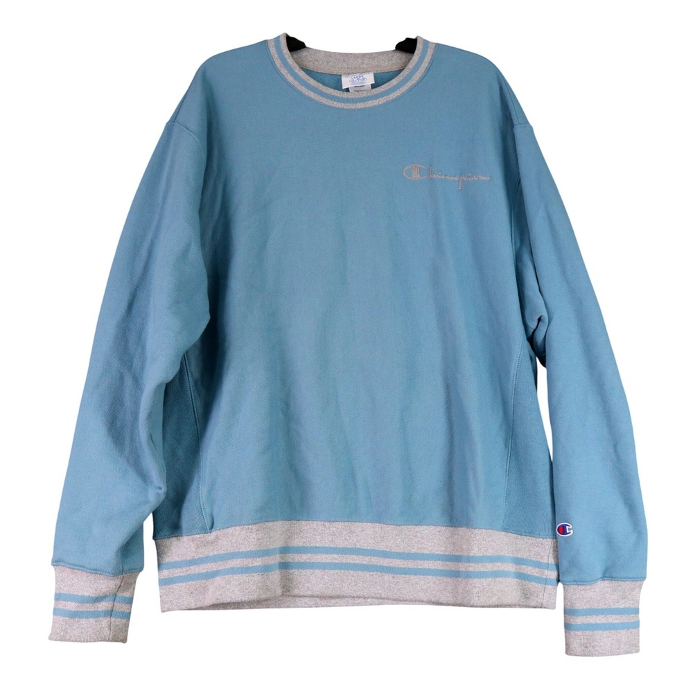 Champion Reverse Weave Sweatshirt Mens L Blue Gray Striped Trim Crewneck Sport